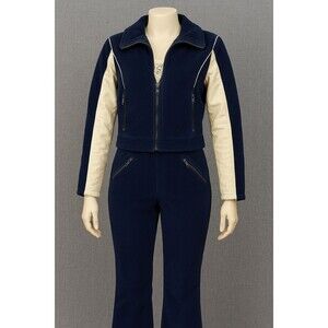 Vintage 70s Subello Corduroy Ski Suit Navy & Cream Bibs/Jacket Sz 12 (8-10) ?